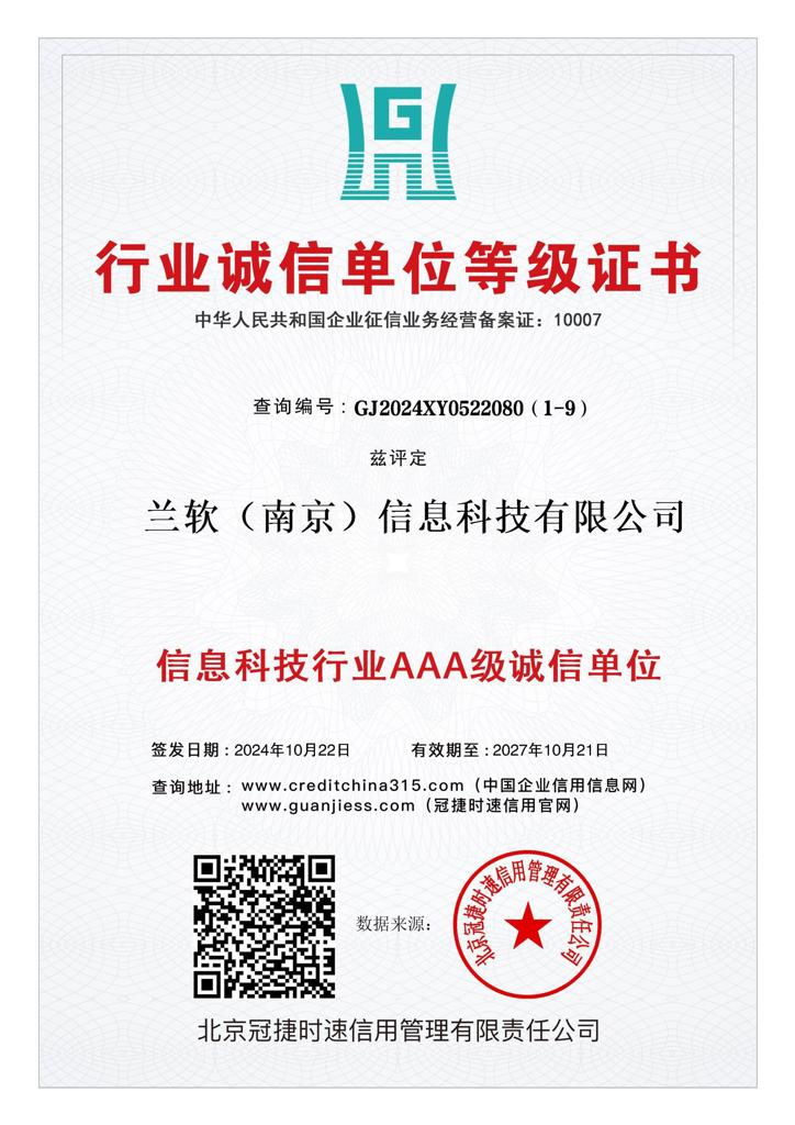 AAA行业诚信单位等级证